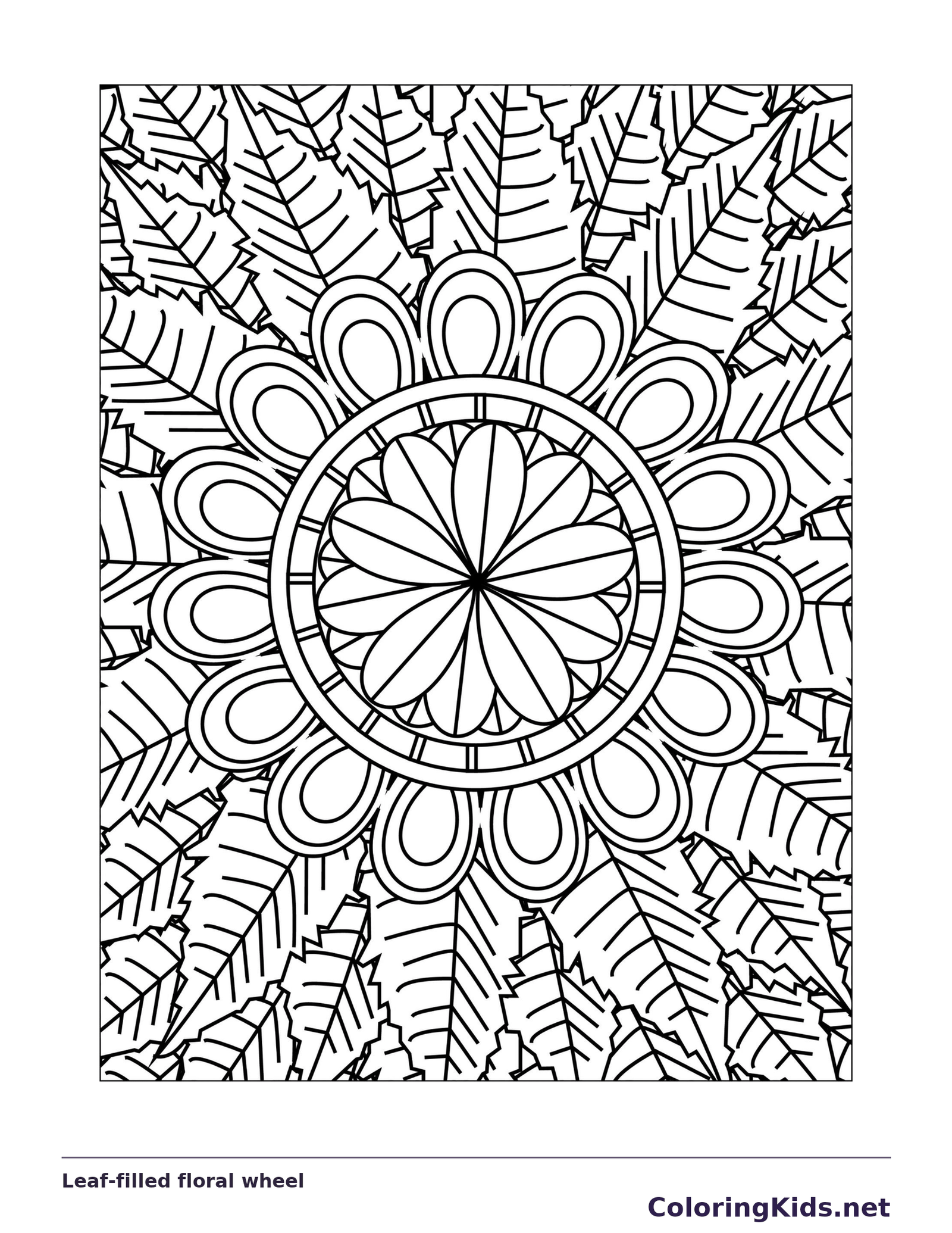 Black and white printable leaf-filled floral wheel coloring sheet