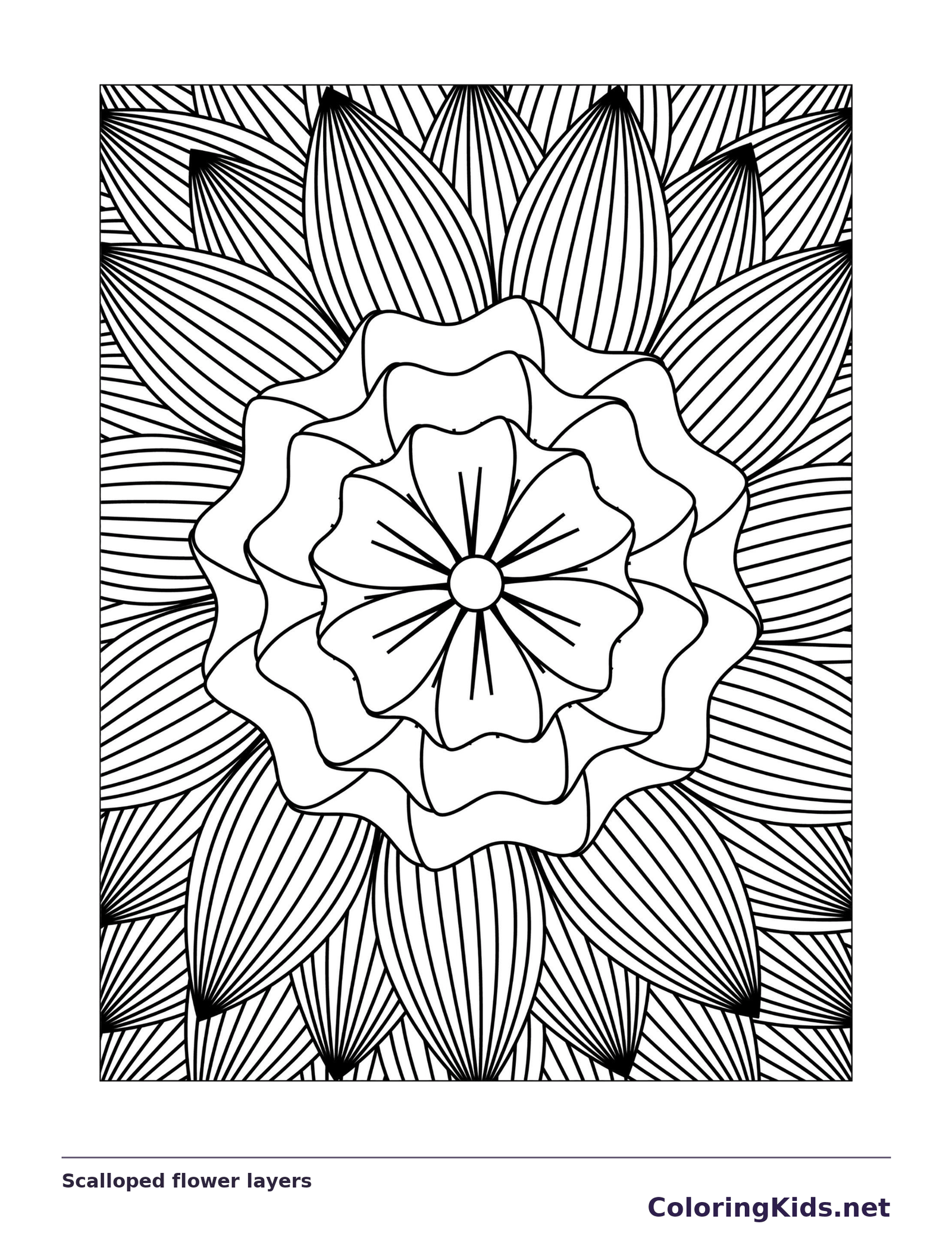 Black and white printable scalloped flower layers coloring sheet