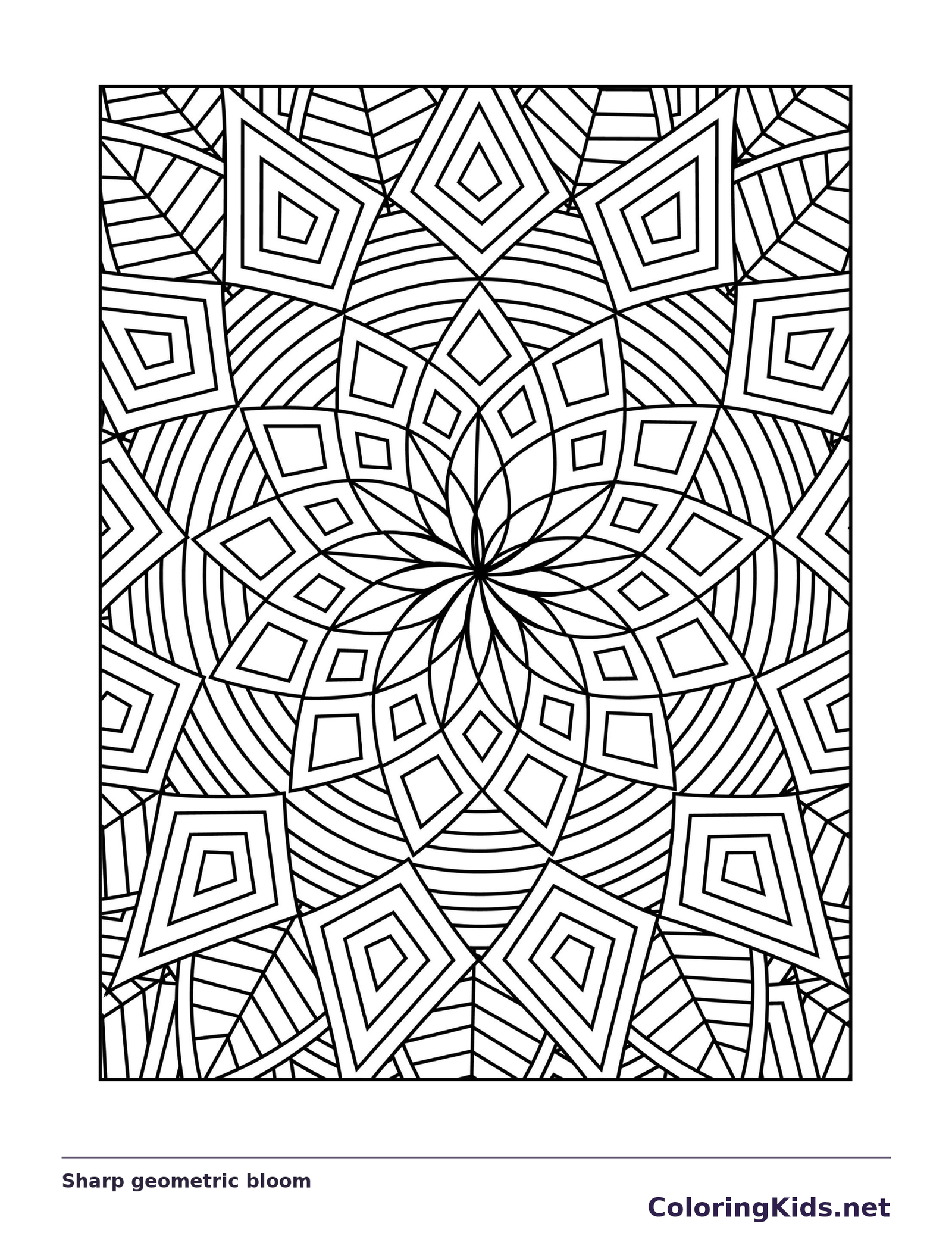 Black and white printable sharp geometric bloom coloring sheet