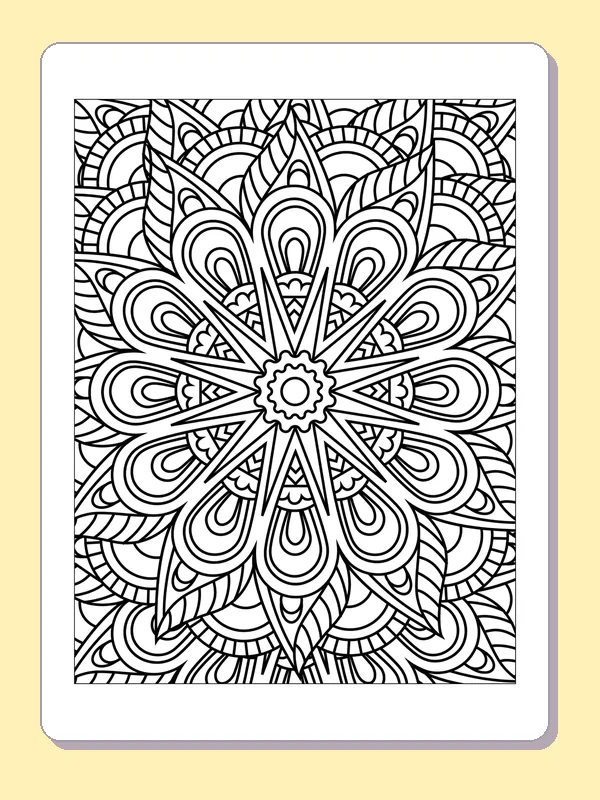 Black and white printable teardrop flower mandala coloring sheet