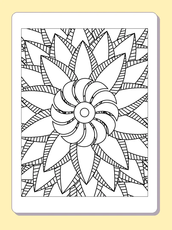 Black and white printable twisting starburst flower coloring sheet