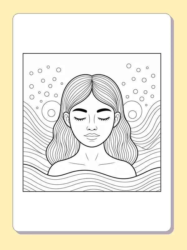 Black-and-white aesthetic coloring page of closed-eye portrait with flowing bands, showing a woman closes her eyes while circles and curving bands spread around her face.