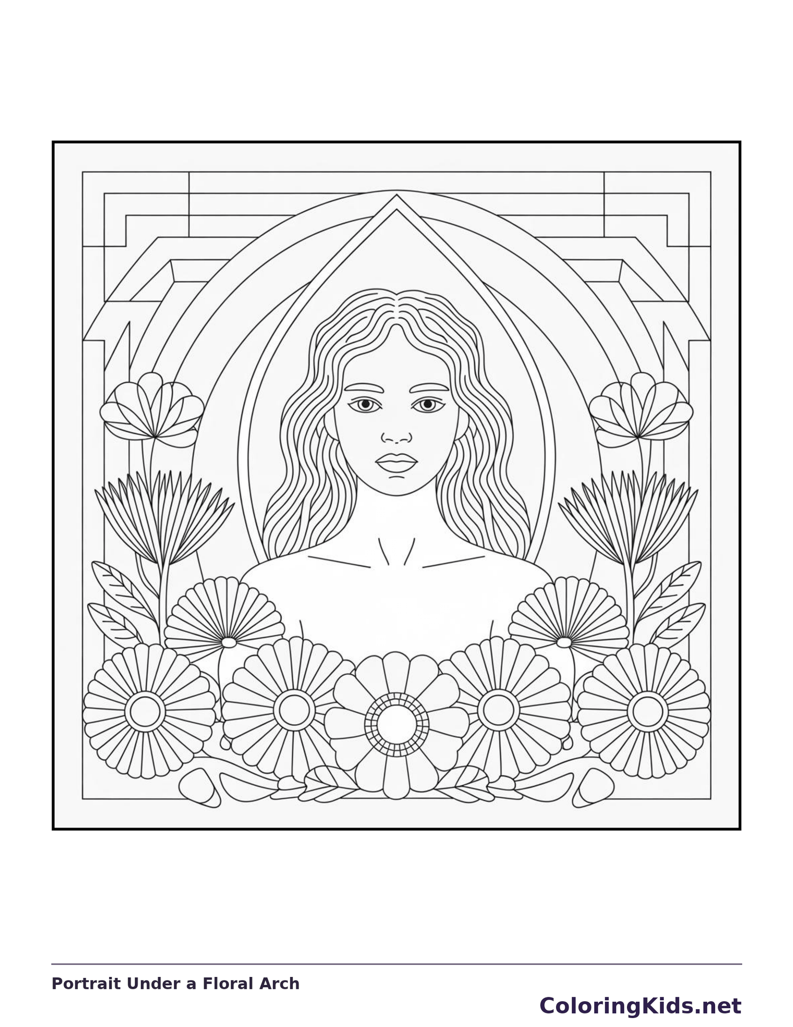 Black-and-white aesthetic coloring page of portrait under a floral arch, showing a woman appears beneath a pointed arch bordered by layered flowers and geometric bands.