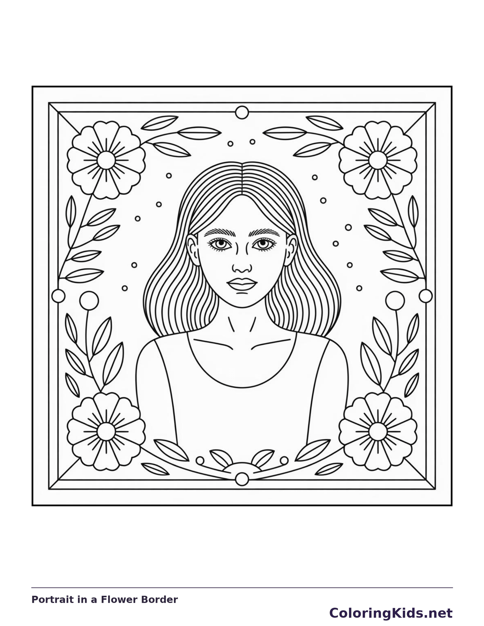 Portrait in a Flower Border coloring page | ColoringKids.net