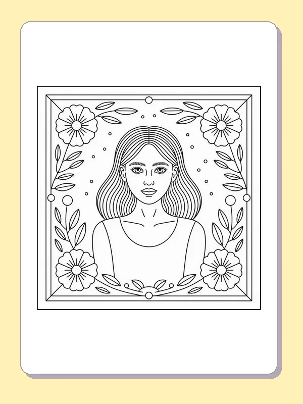 Black-and-white aesthetic coloring page of portrait in a flower border, showing a simple portrait is framed by four large flowers, leaves and a thin square border.