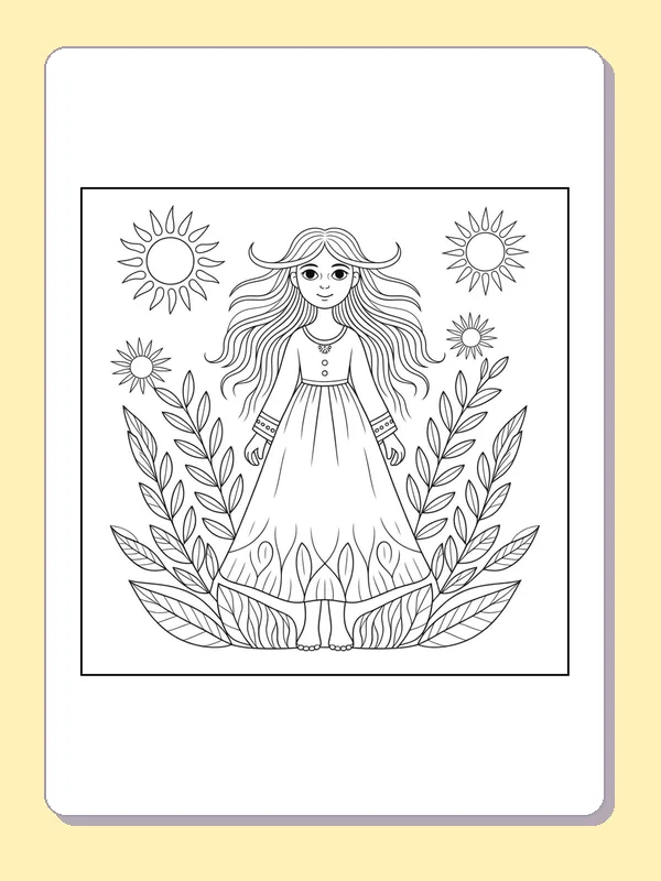Black-and-white aesthetic coloring page of long-dress girl among sunflowers, showing a girl in a long dress stands between sunflower-like blooms, leafy stems and bright suns.