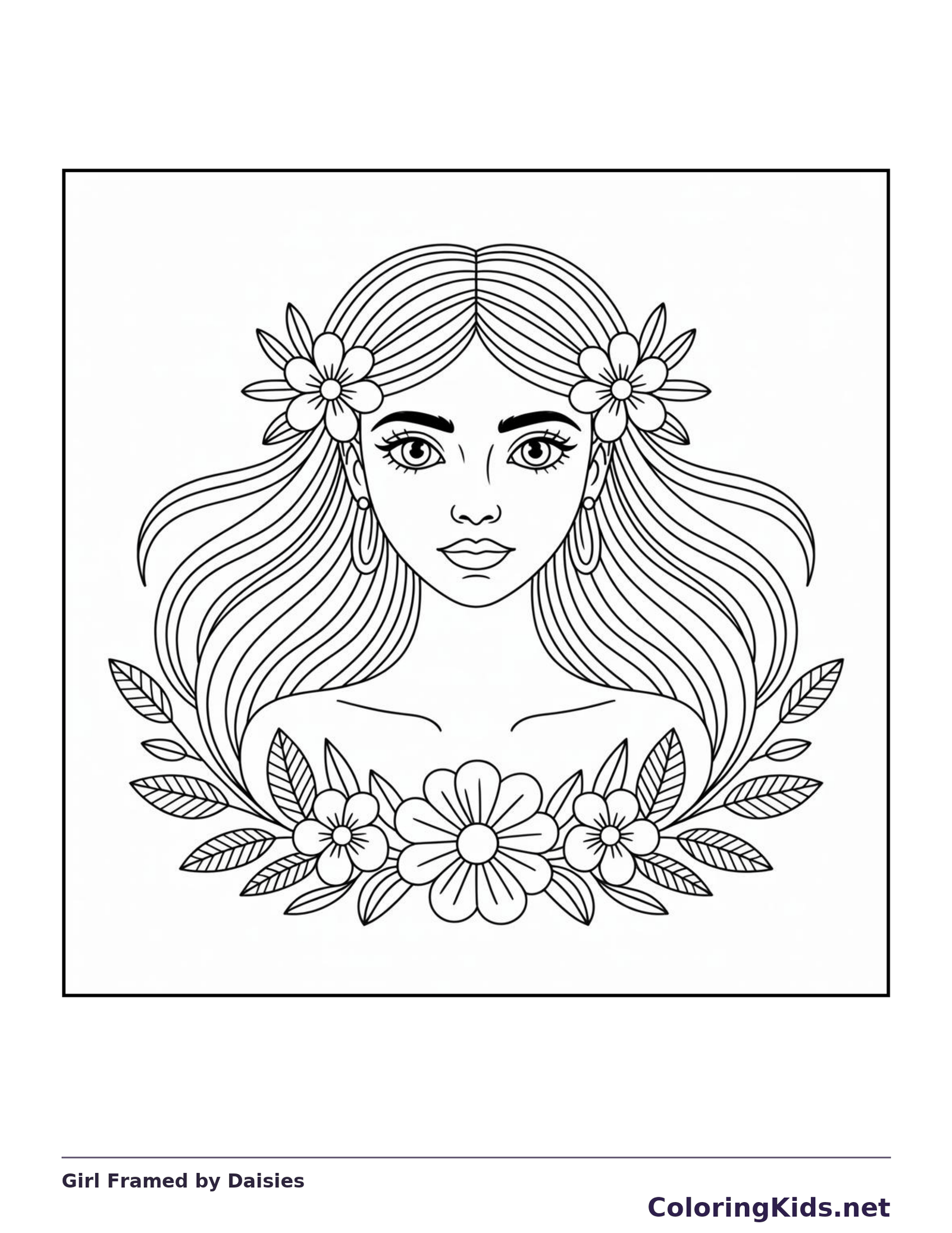 Black-and-white aesthetic coloring page of girl framed by daisies, showing two flowers sit beside a girl’s long, flowing hair, with a row of daisies and leaves below.