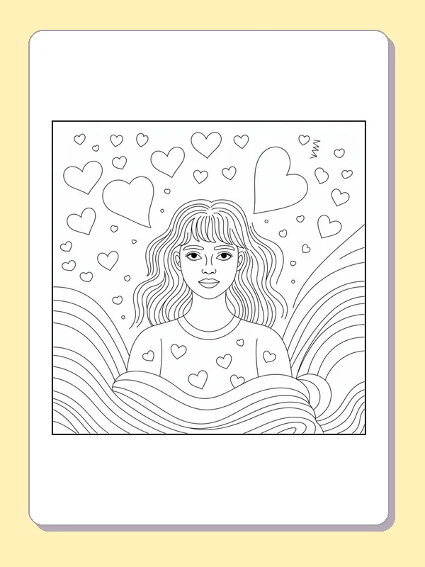 Black-and-white aesthetic coloring page of girl under floating hearts, showing a long-haired girl stands among floating hearts, small stars and several wavy bands.