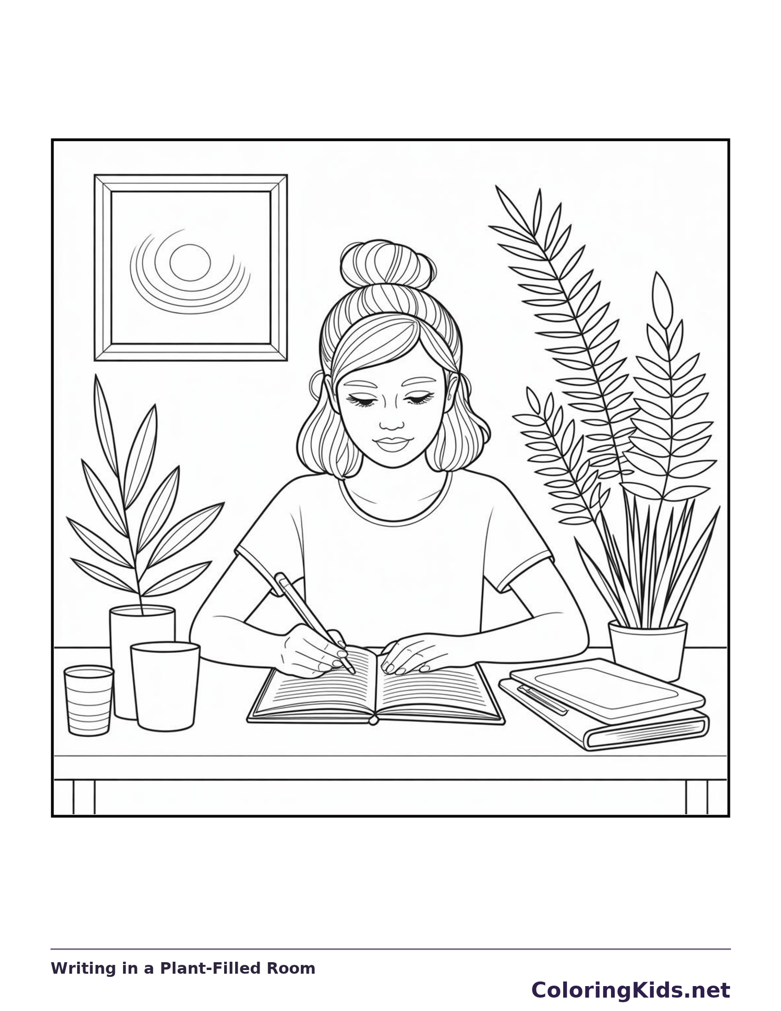 Black-and-white aesthetic coloring page of writing in a plant-filled room, showing a woman writes in an open journal beside a cup, stacked books and tall potted plants.