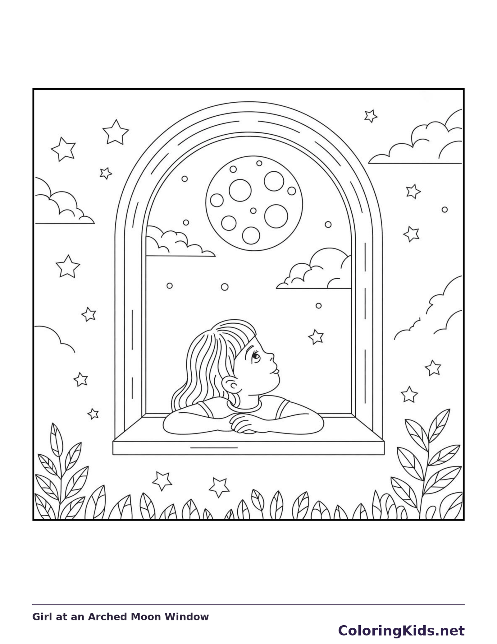 Black-and-white aesthetic coloring page of girl at an arched moon window, showing a girl leans on a sill beneath a tall arched window and patterned full moon.