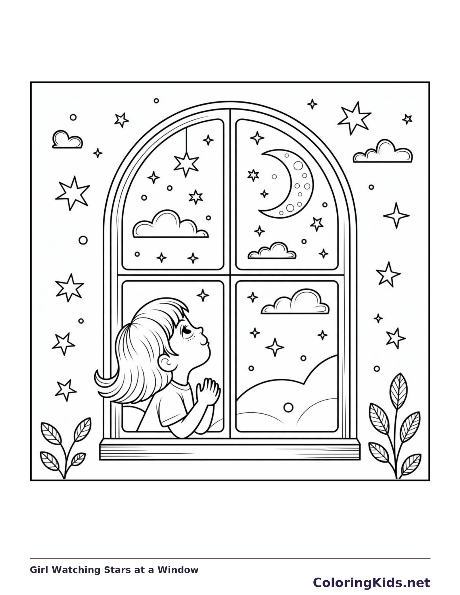 Black-and-white aesthetic coloring page of girl watching stars at a window, showing a girl rests at a divided window while a crescent moon, clouds and stars fill the panes.