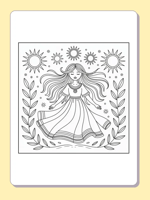 Black-and-white aesthetic coloring page of flowing dress among suns and flowers, showing a long-haired woman wears a flowing dress between several sun shapes and tall flowers.