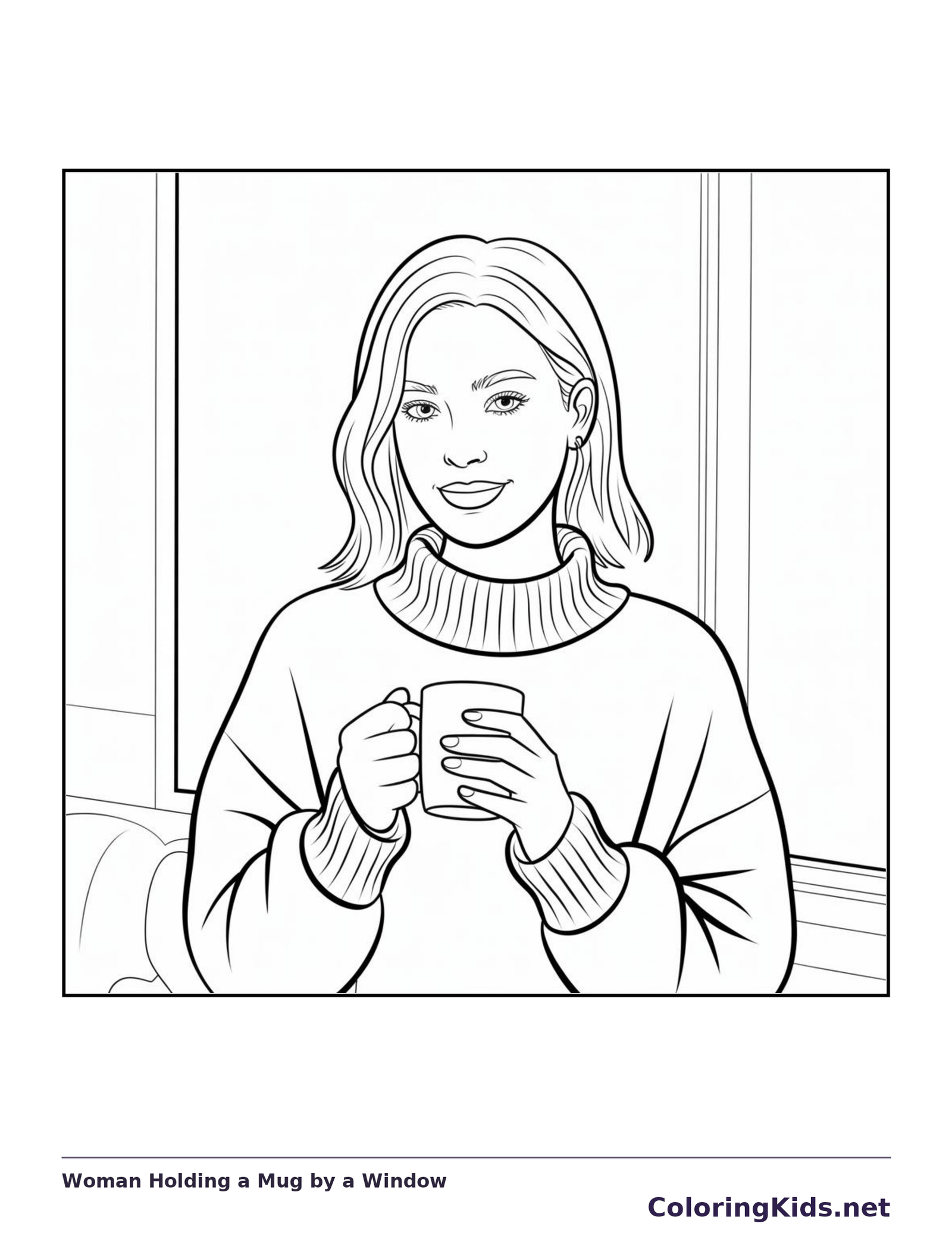 Woman Holding a Mug by a Window coloring page | ColoringKids.net