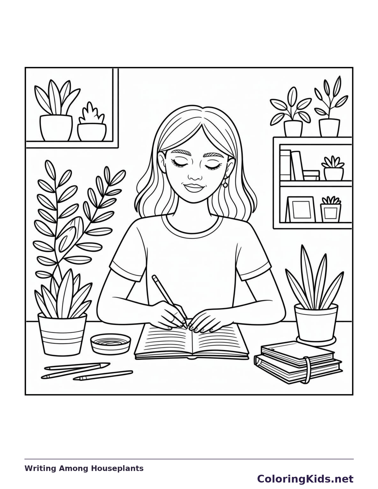 Black-and-white aesthetic coloring page of writing among houseplants, showing a woman writes in an open notebook at a table ringed by potted plants, shelves and pencils.