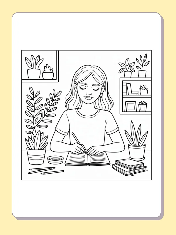 Black-and-white aesthetic coloring page of writing among houseplants, showing a woman writes in an open notebook at a table ringed by potted plants, shelves and pencils.