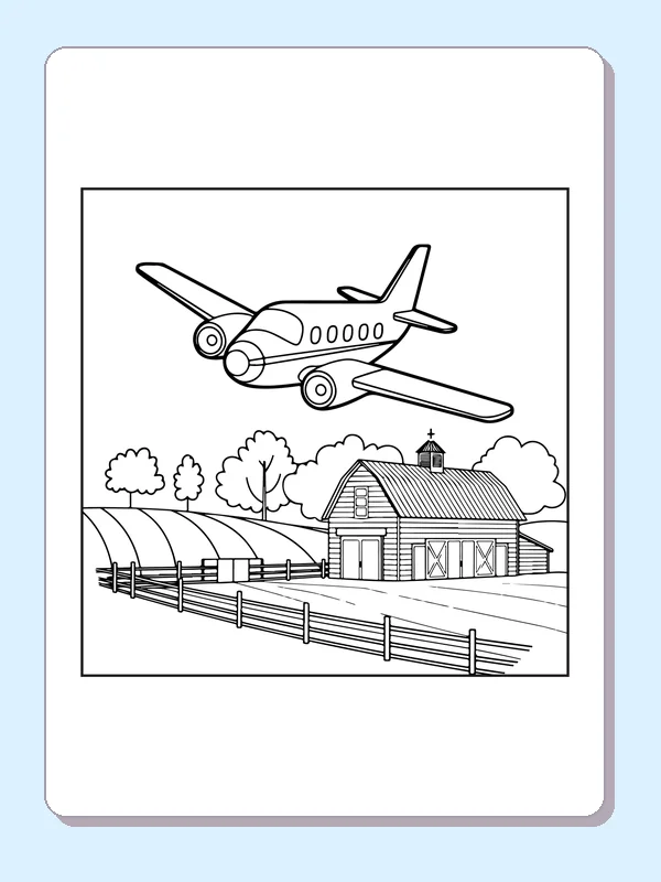 Airplane Above A Farm airplane coloring page, black and white line art to print or color online