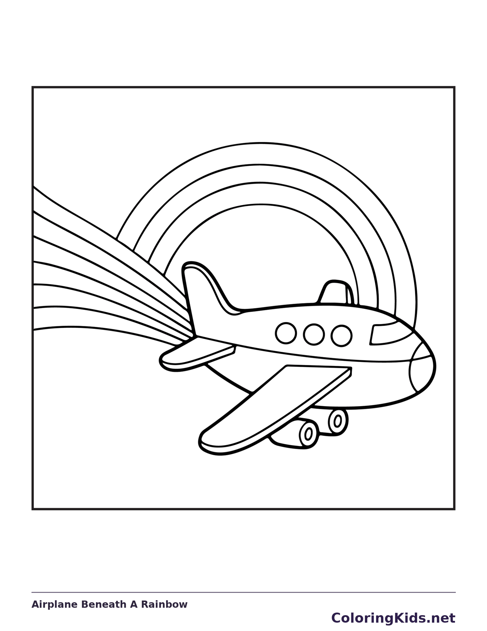 Airplane Beneath A Rainbow airplane coloring page, black and white line art to print or color online
