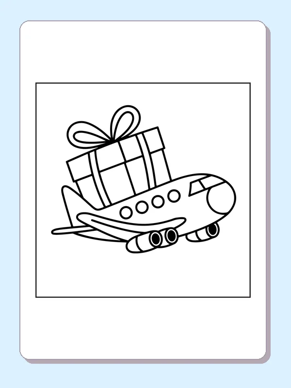 Airplane Carrying A Present airplane coloring page, black and white line art to print or color online