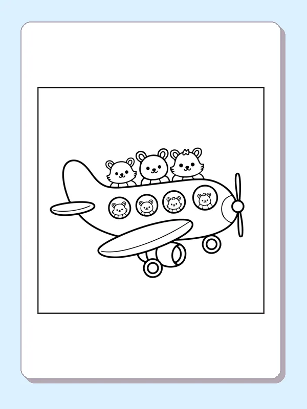 Airplane Full Of Bear Passengers airplane coloring page, black and white line art to print or color online
