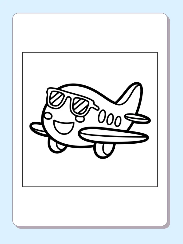 Airplane Wearing Sunglasses airplane coloring page, black and white line art to print or color online