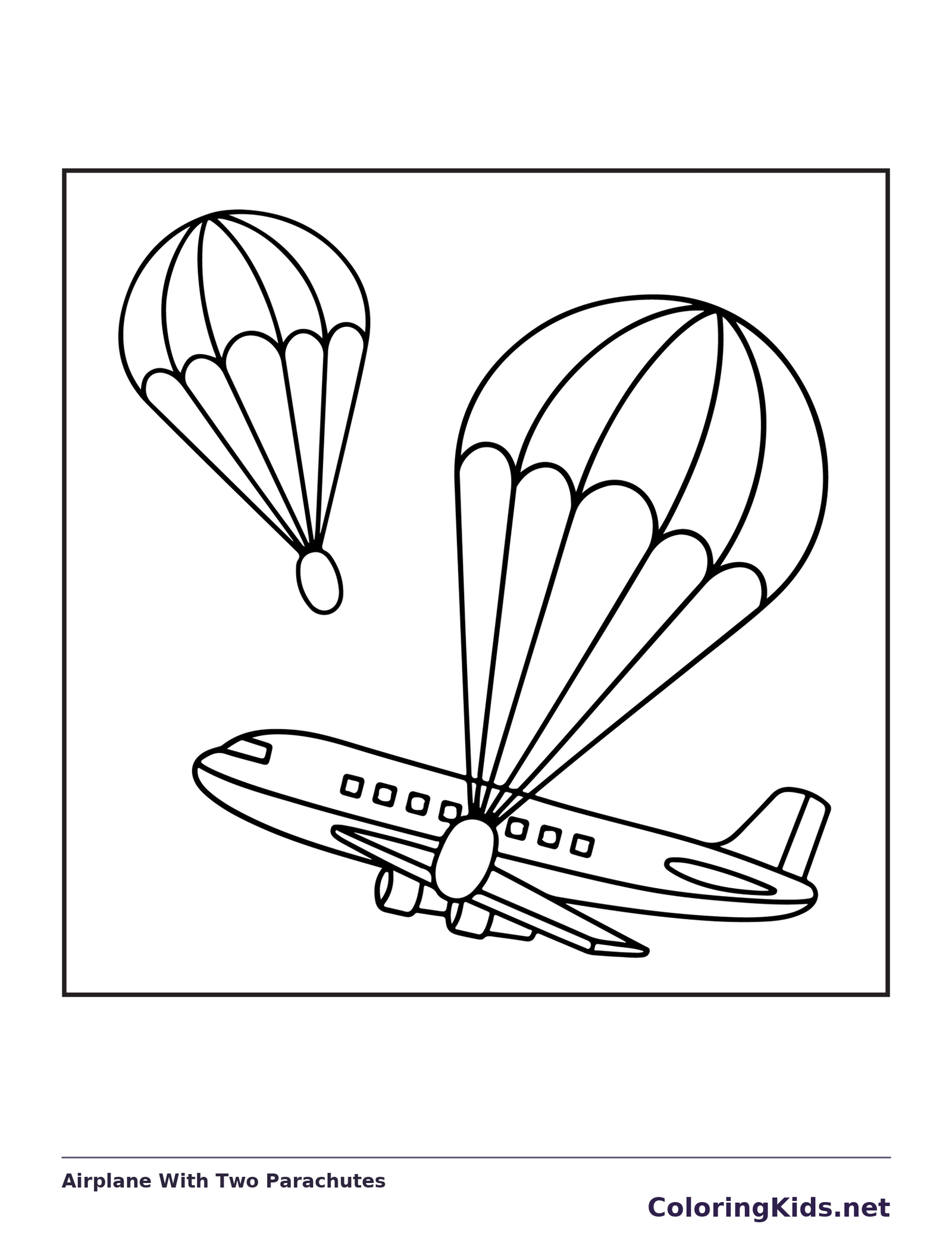 Airplane With Two Parachutes airplane coloring page, black and white line art to print or color online
