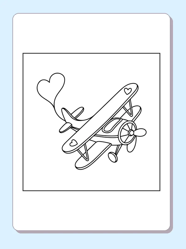 Biplane With A Heart Trail airplane coloring page, black and white line art to print or color online