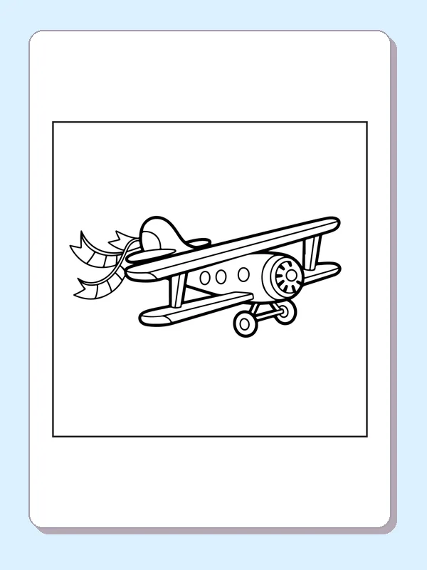 Biplane With A Trailing Banner airplane coloring page, black and white line art to print or color online