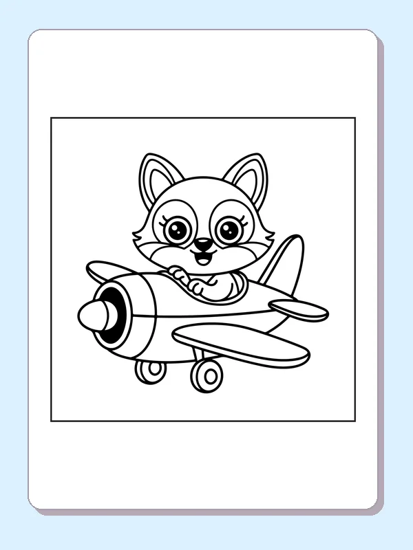 Cat Flying A Propeller Plane airplane coloring page, black and white line art to print or color online