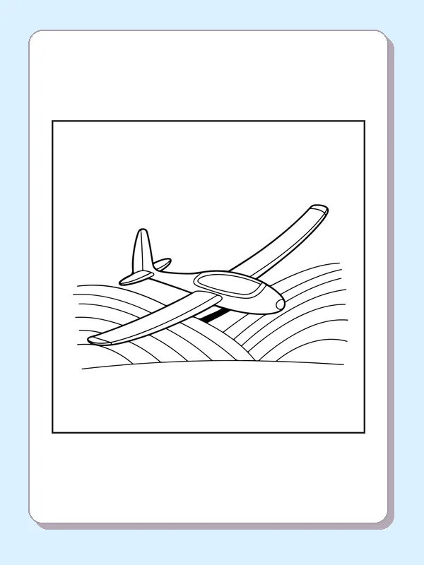 Glider Over Rolling Fields airplane coloring page, black and white line art to print or color online