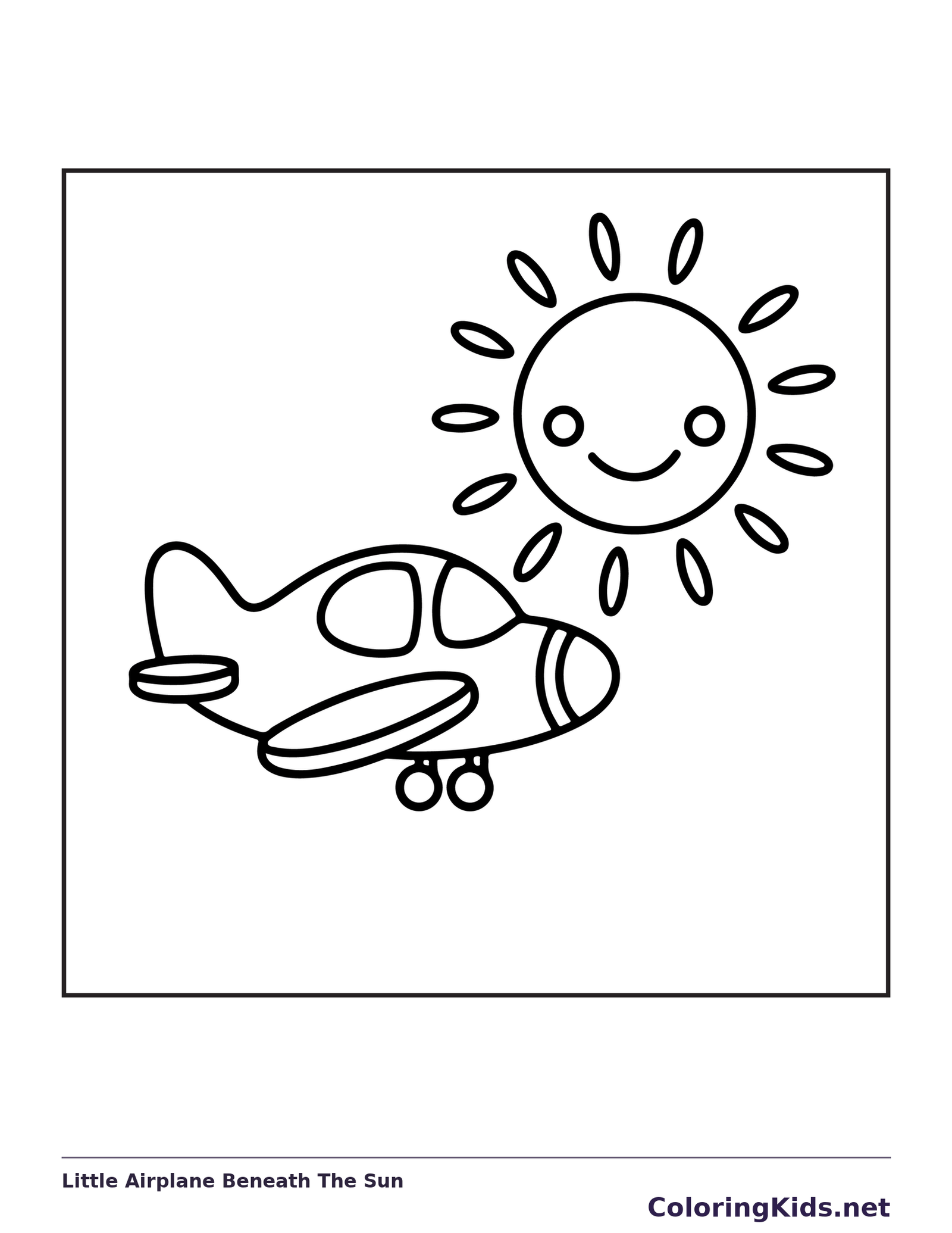 Little Airplane Beneath The Sun airplane coloring page, black and white line art to print or color online