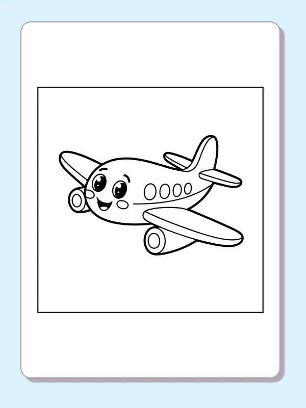 Smiling Airplane With Round Windows airplane coloring page, black and white line art to print or color online