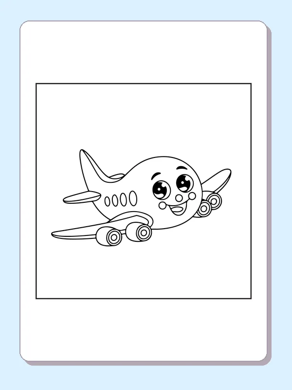 Smiling Passenger Jet airplane coloring page, black and white line art to print or color online