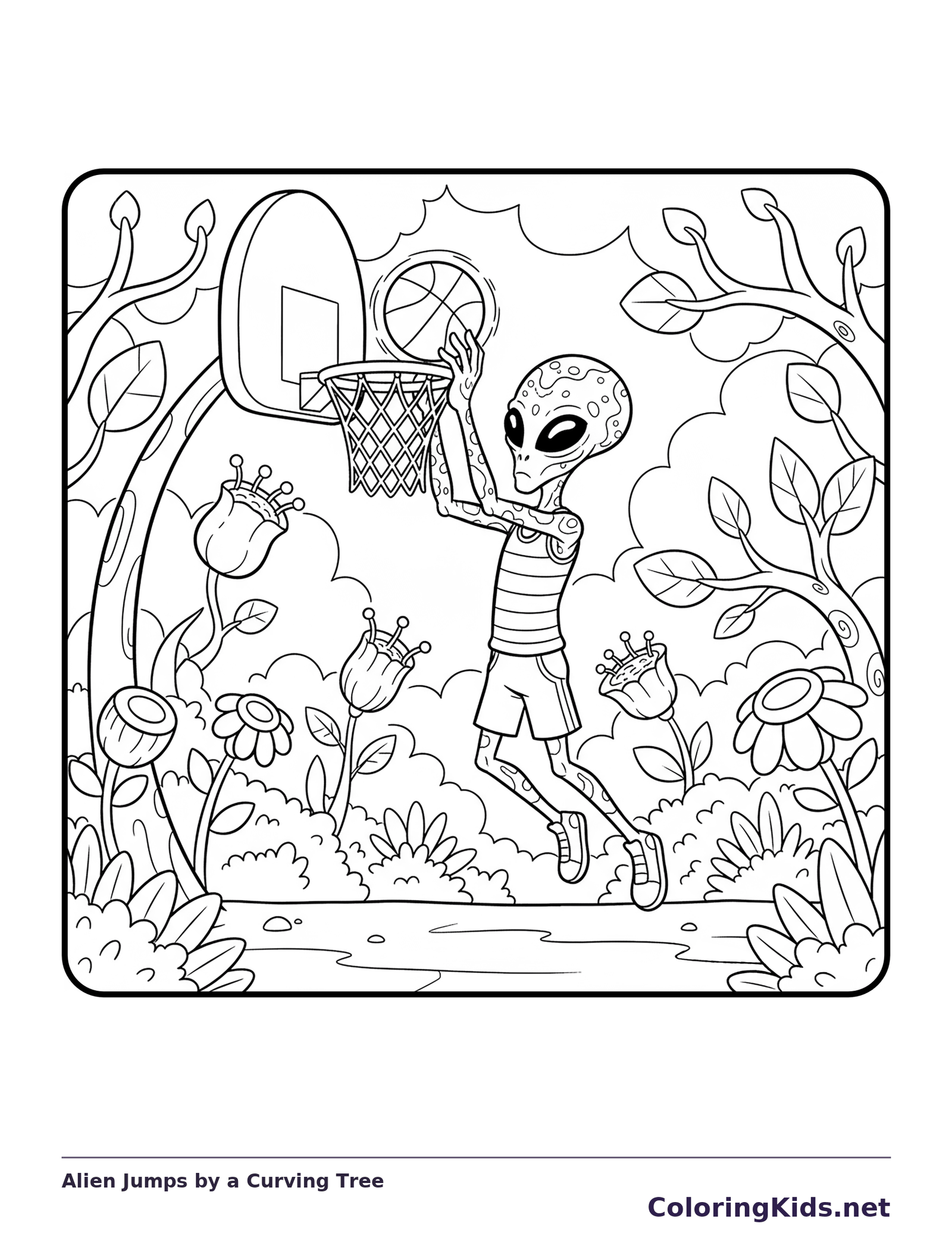 Black and white printable alien jumps by a curving tree coloring sheet