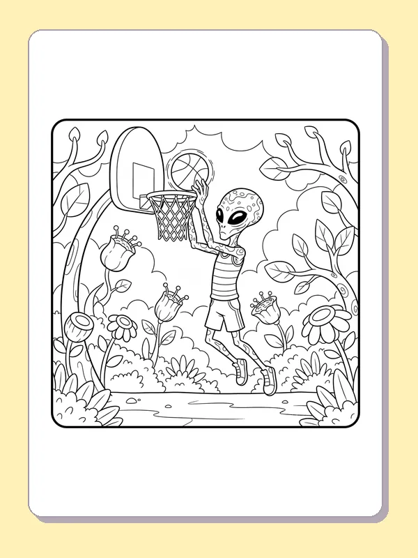 Black and white printable alien jumps by a curving tree coloring sheet