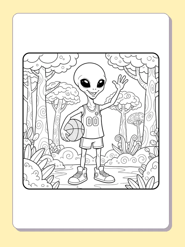 Black and white printable alien player waves in a forest court coloring sheet