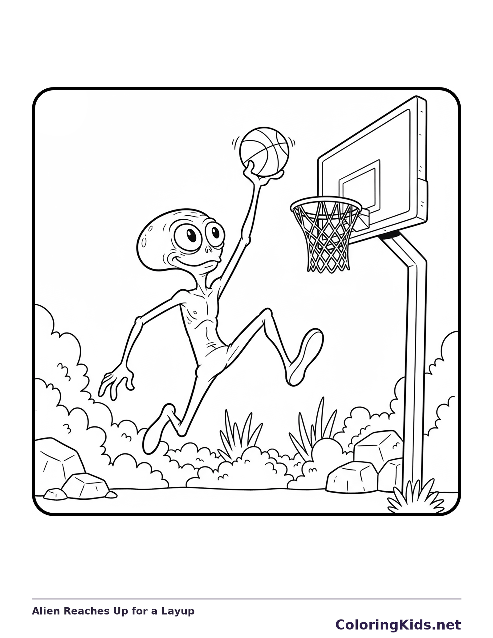 Black and white printable alien reaches up for a layup coloring sheet