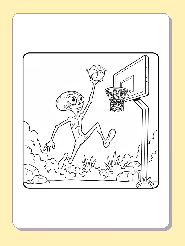 Black and white printable alien reaches up for a layup coloring sheet