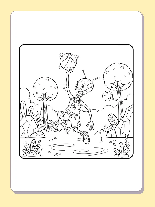 Black and white printable alien runs with a ball through the woods coloring sheet