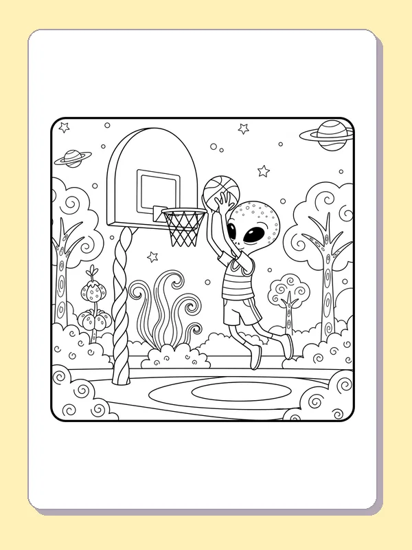 Black and white printable alien shoots beneath a starry sky coloring sheet