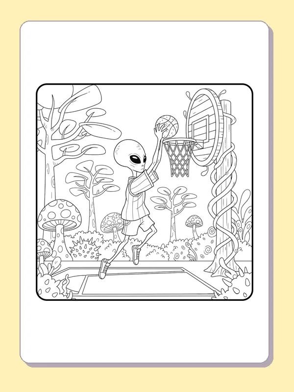 Black and white printable alien shoots beside a twisted hoop coloring sheet