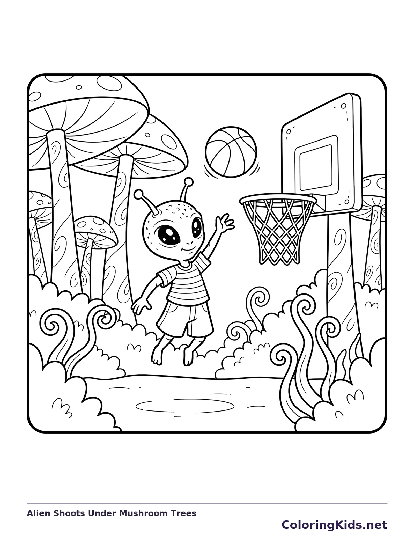 Black and white printable alien shoots under mushroom trees coloring sheet
