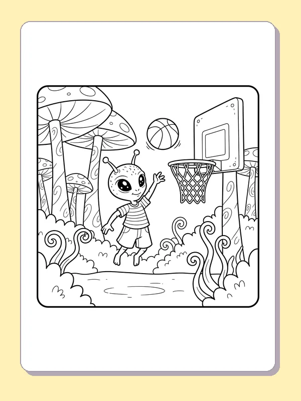 Black and white printable alien shoots under mushroom trees coloring sheet