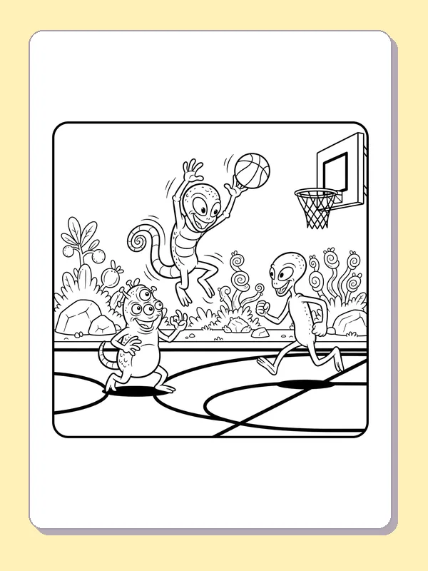 Black and white printable alien teammates race across the court coloring sheet