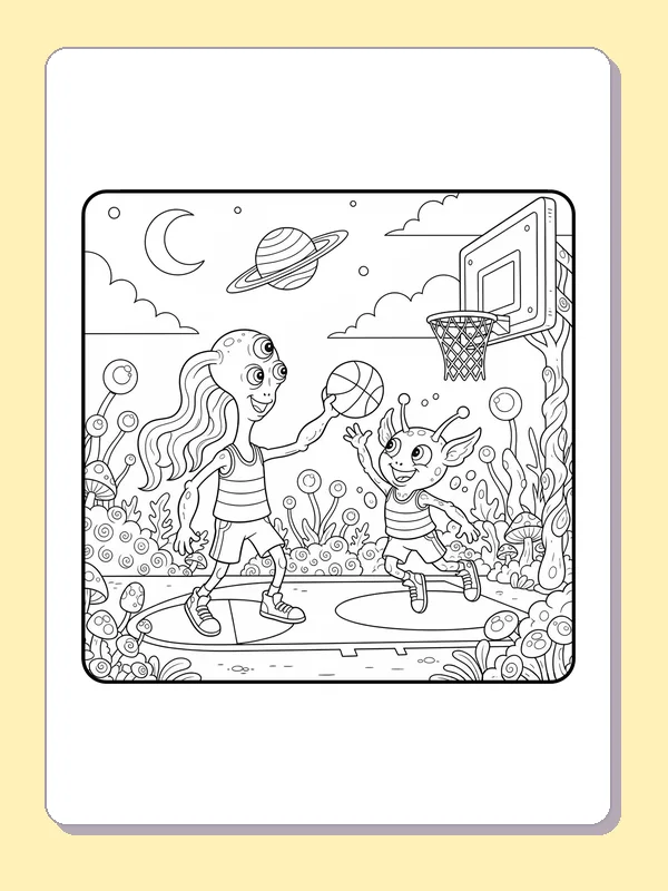 Black and white printable aliens pass under planets and moon coloring sheet