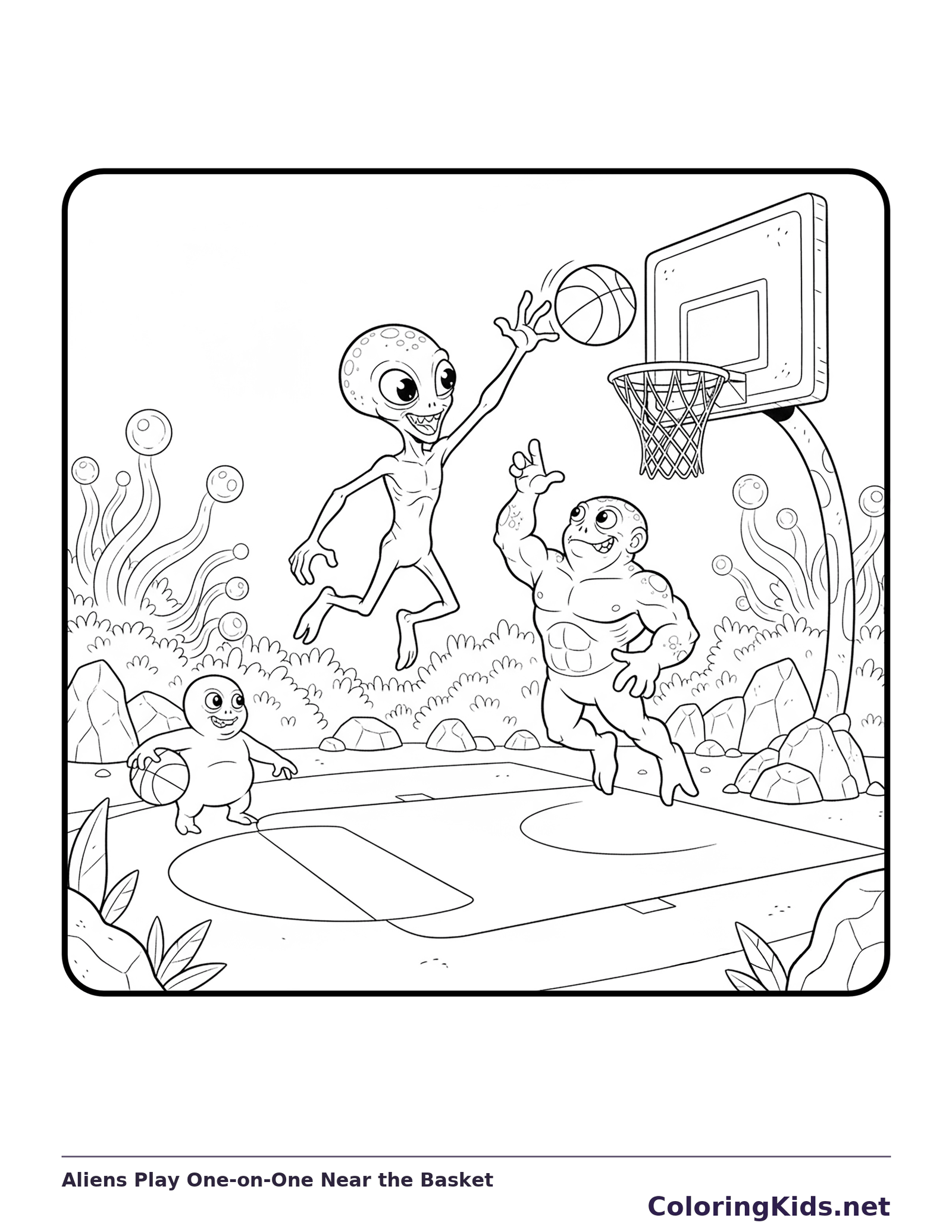 Black and white printable aliens play one-on-one near the basket coloring sheet