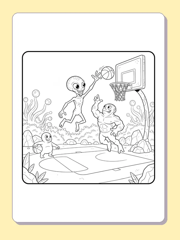 Black and white printable aliens play one-on-one near the basket coloring sheet