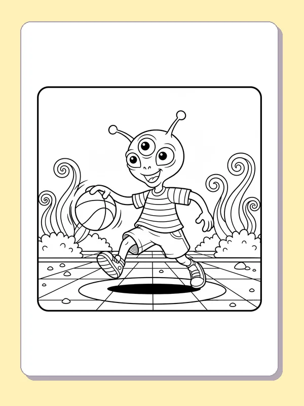 Black and white printable antennaed alien dribbles at center court coloring sheet