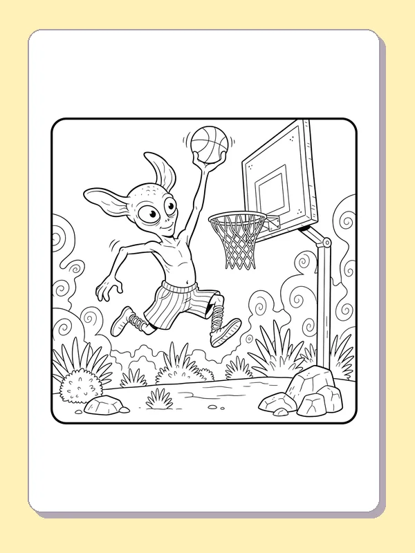 Black and white printable eared alien jumps through the garden coloring sheet