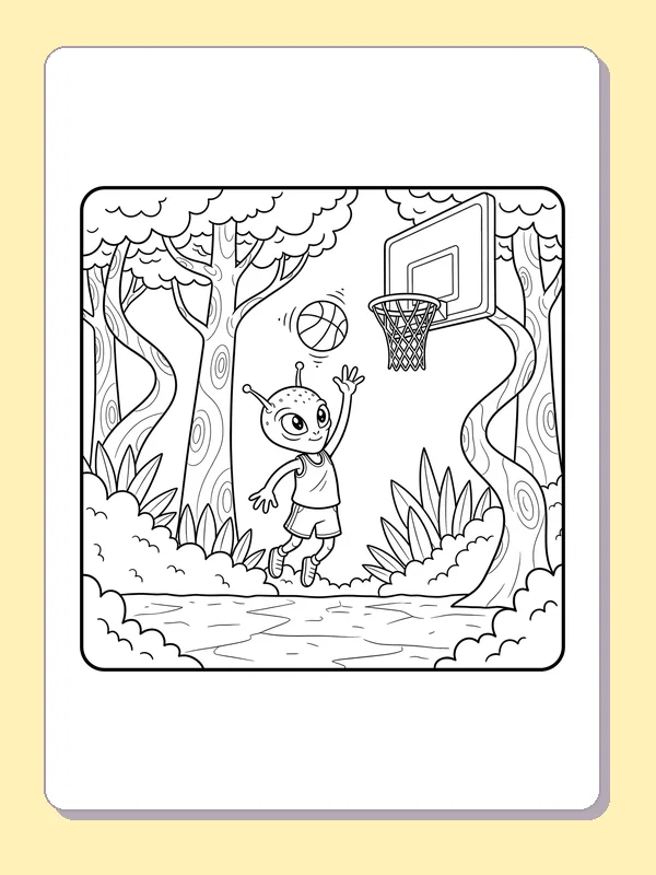 Black and white printable little alien practices among the trees coloring sheet