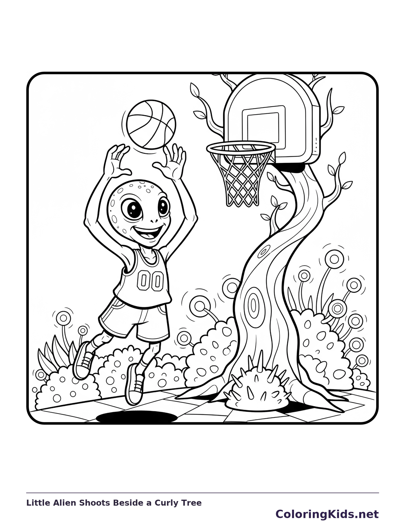 Black and white printable little alien shoots beside a curly tree coloring sheet